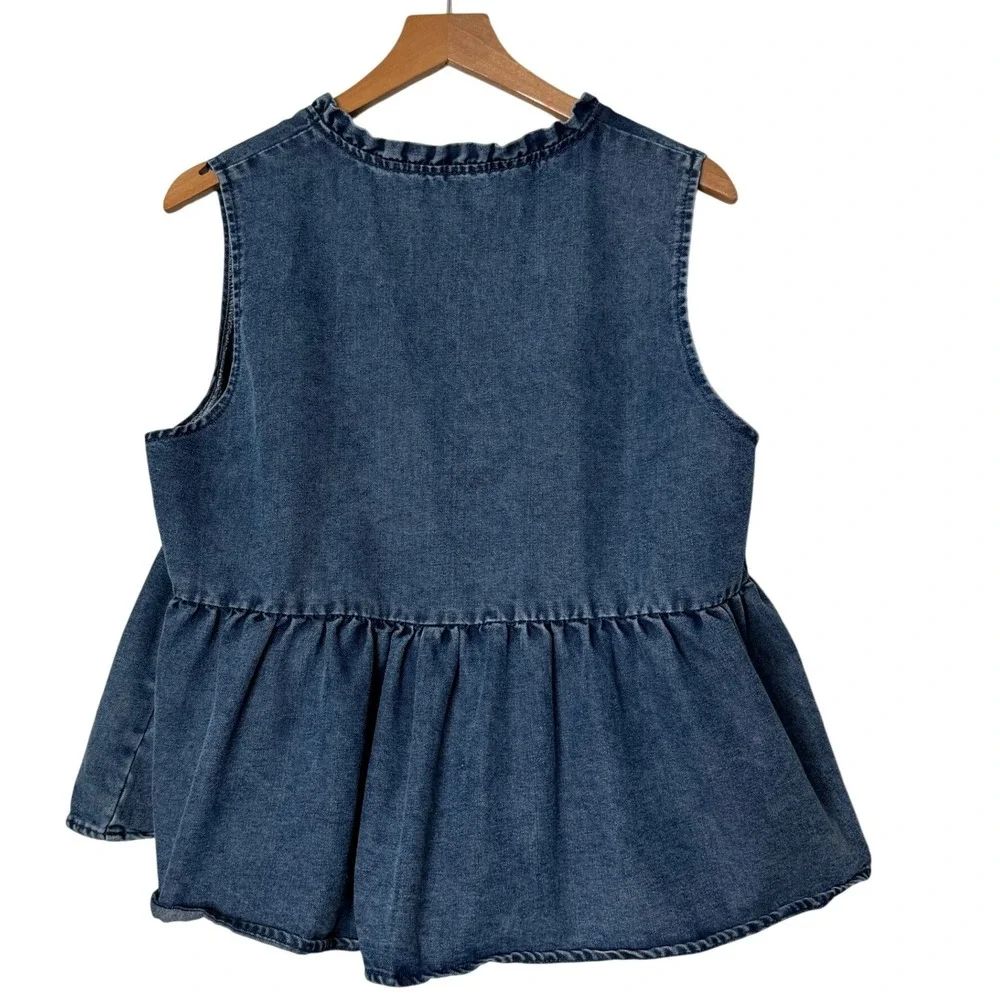 Blue Denim Ruffle Bottom Vest Tie Front Tank Top Cottagecore Boho Womens Large